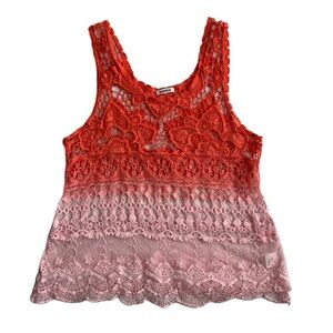 Bongo Plus Women’s Pink Orange Ombre Cotton‎ Crochet Lace Sheer Y2K Tank Top